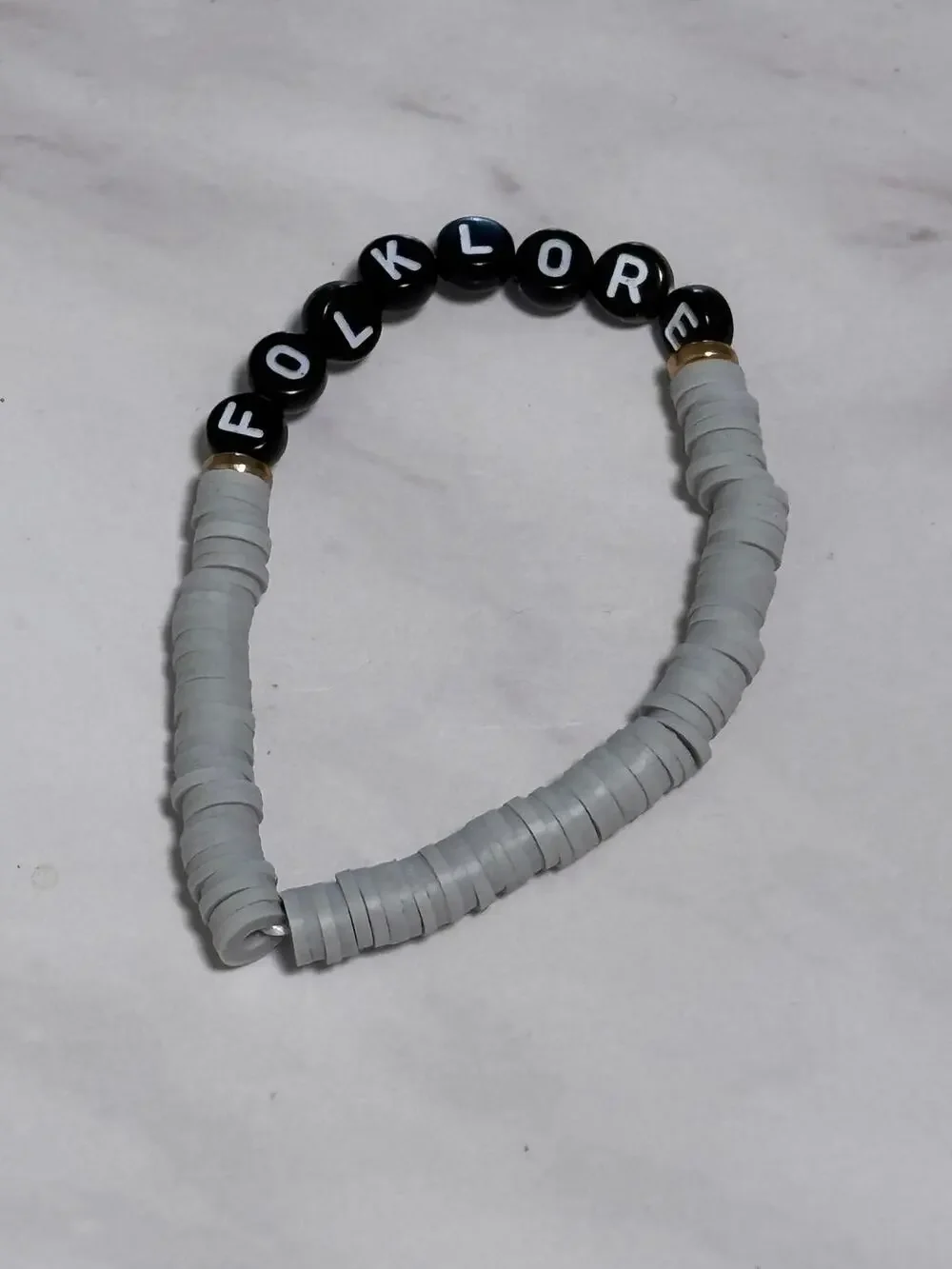 Folklore Grey Heishi Word Bracelet 7 Inch Polymer Clay Black White Letter Beads